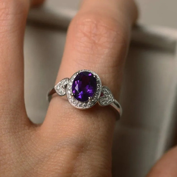 925 Silver Plated Purple Oval Cut CZ Birthstone Ring, FB16FA1135 - Picture 3 of 11